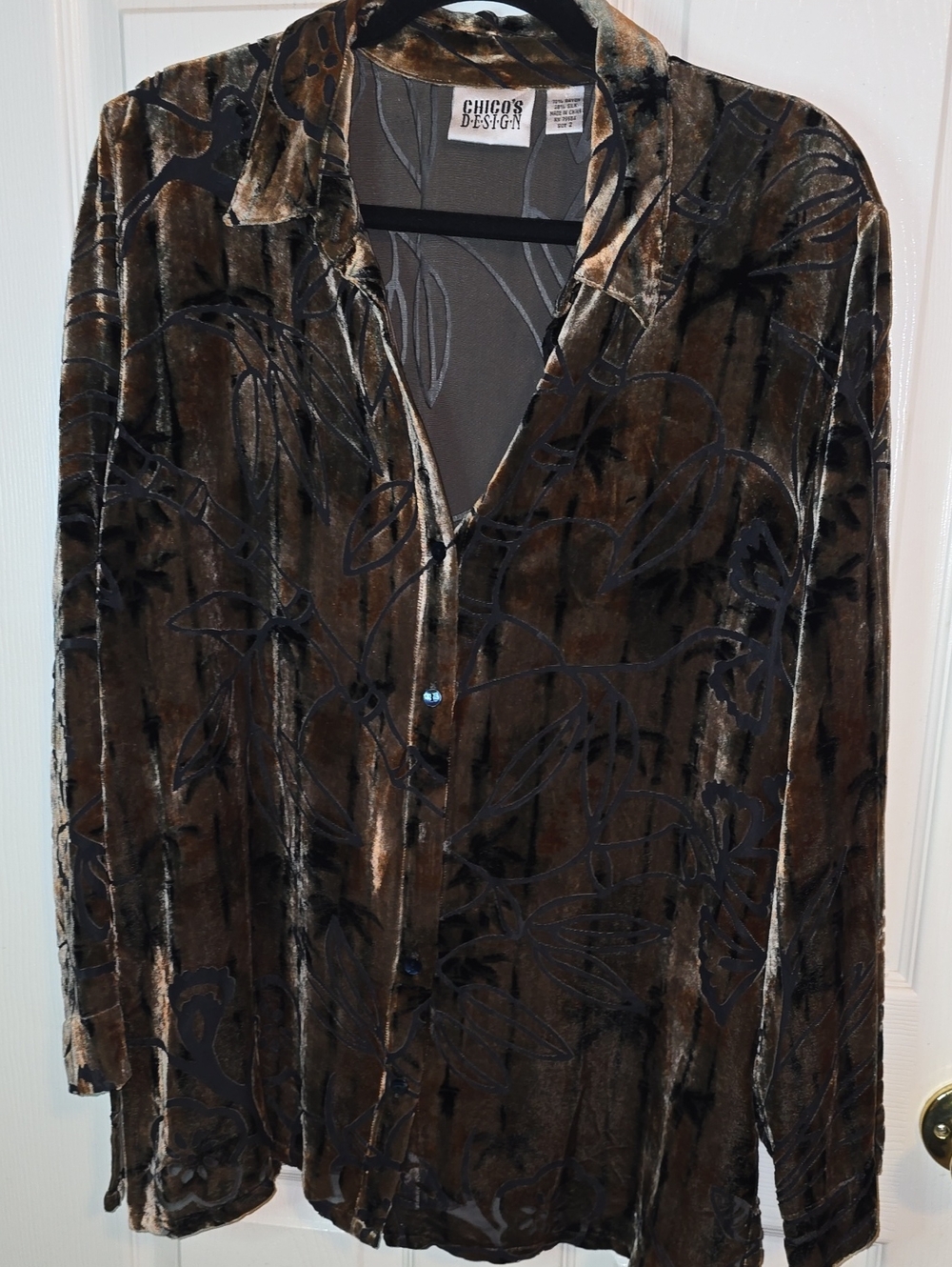 Chico's Olive Brown Velvet Shirt Jacket with Black Burnout Pattern